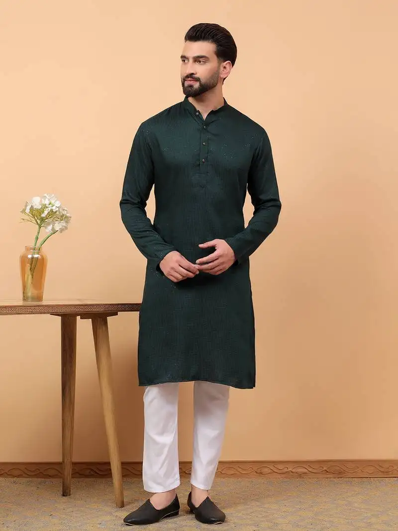 Green chikankari embroidery cotton kurta with aligarh pajama