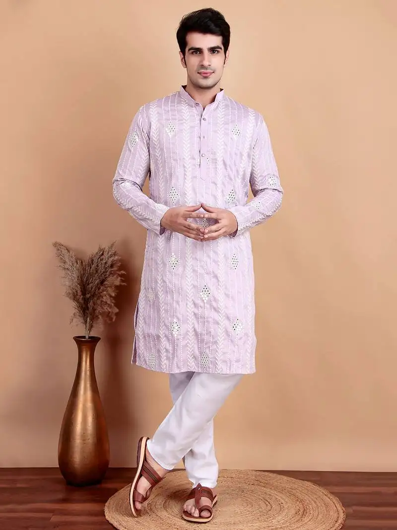 Elegant pastel pink embroidered kurta pajama set for men by treemoda