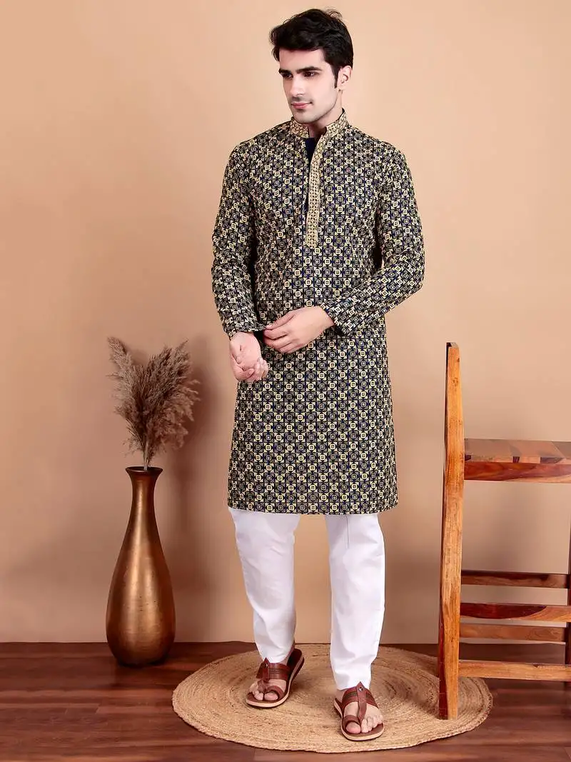 Elegant navy blue kurta pyjama set with yellow thread embroidered geometric pattern & embellished neckline