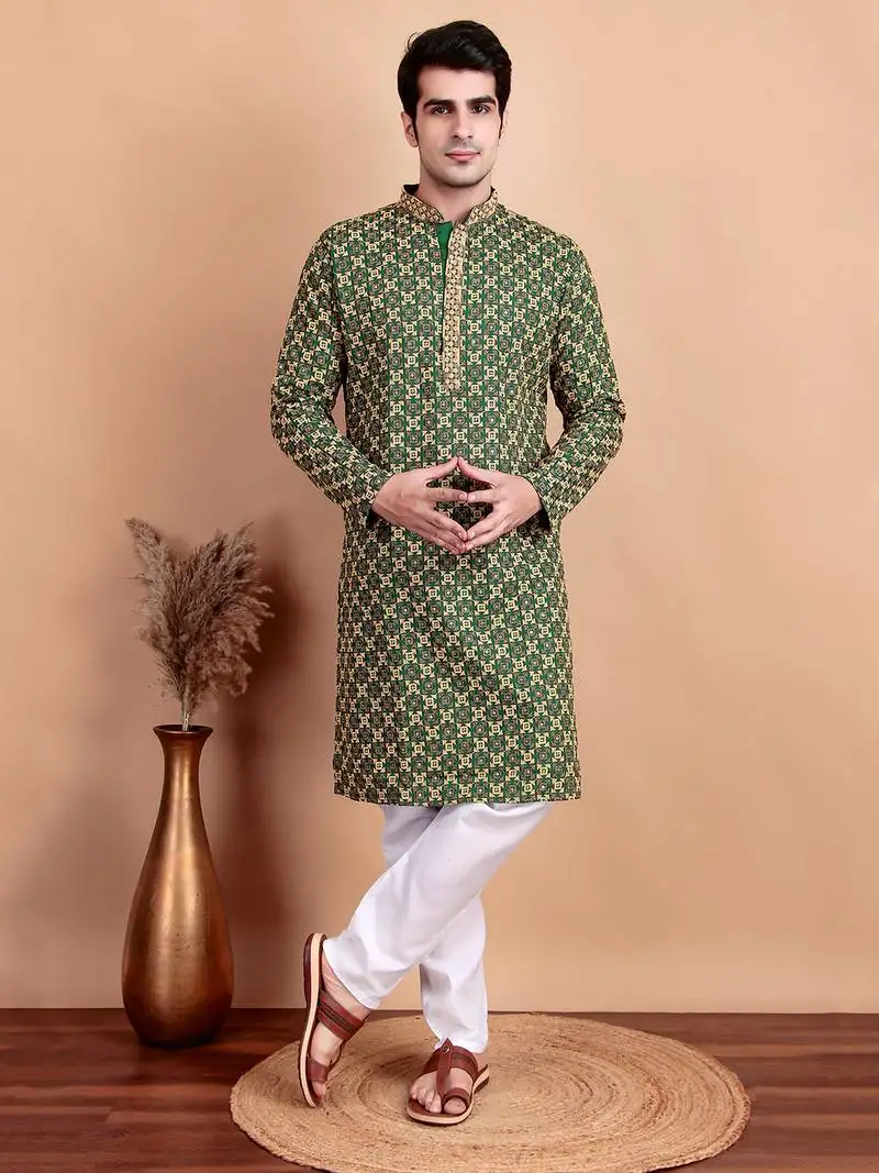 Elegant green kurta pyjama set with yellow thread embroidered geometric pattern & embellished neckline