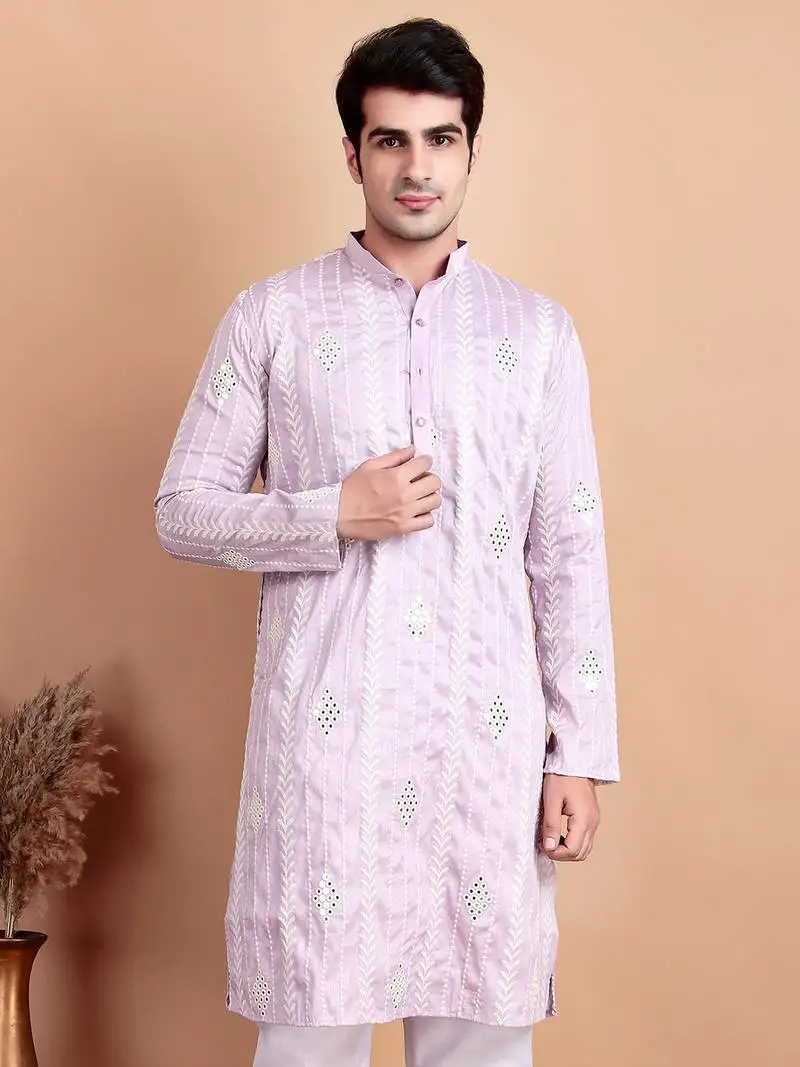Elegant pastel pink embroidered kurta for men