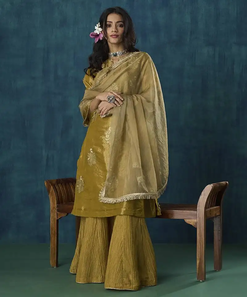Mustard floral embroidered tissue kurta set