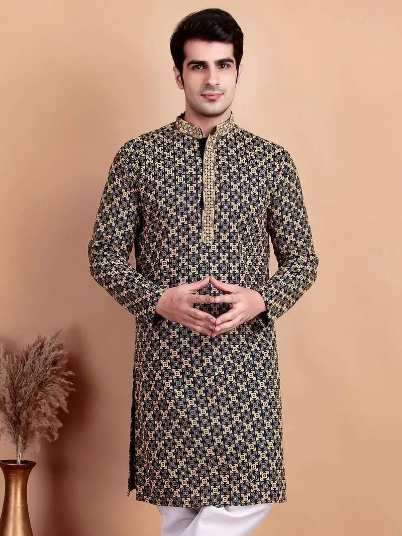Elegant navy blue kurta with yellow thread embroidered geometric pattern & embellished neckline