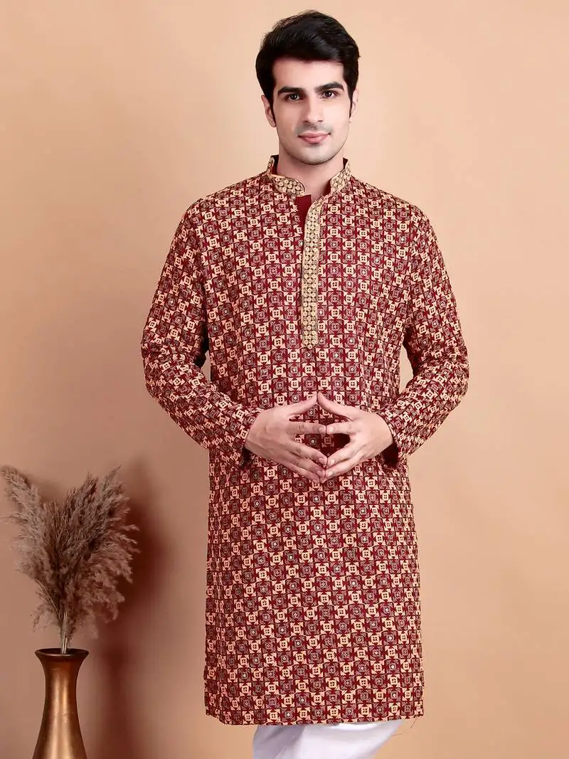 Elegant maroon kurta with yellow thread embroidered geometric pattern & embellished neckline