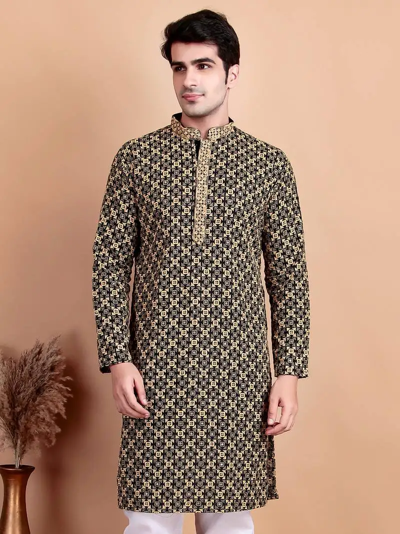Elegant black kurta with yellow thread embroidered geometric pattern & embellished neckline
