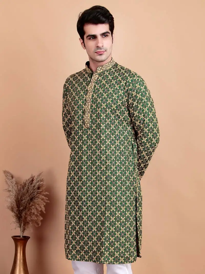 Elegant green kurta with yellow thread embroidered geometric pattern & embellished neckline