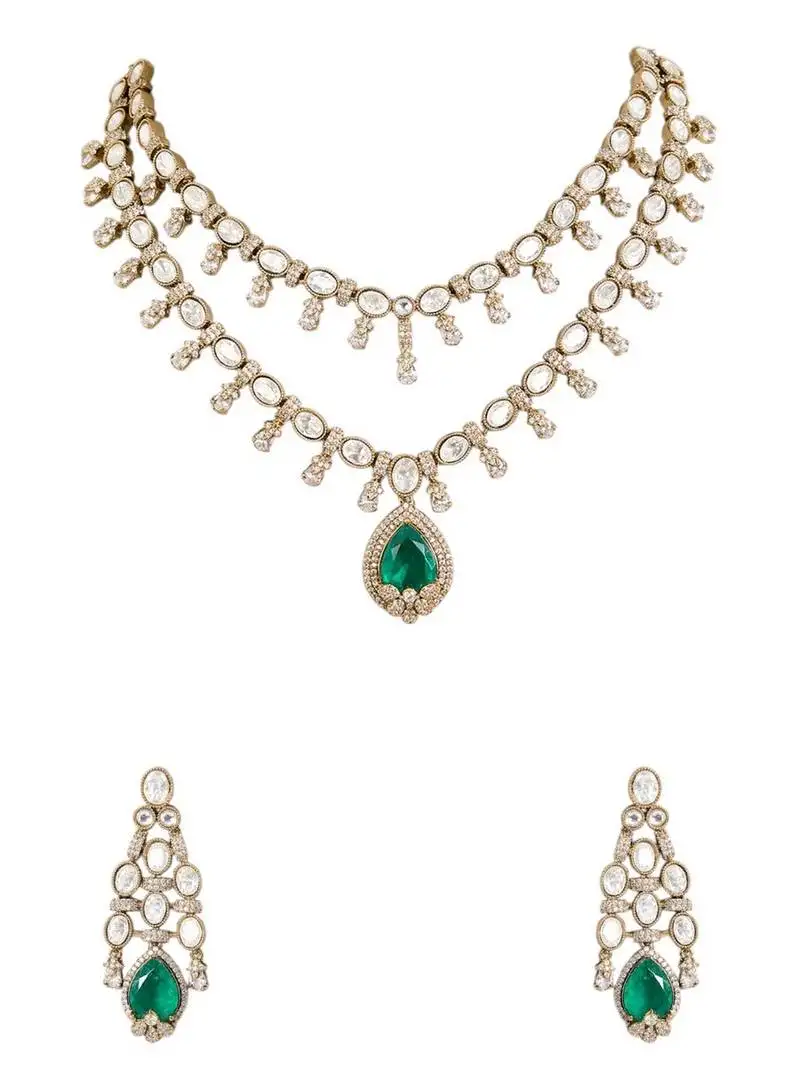 Gold plated green stone layered necklace set