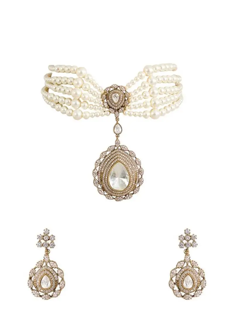 Gold plated sliver stone pearl choker set