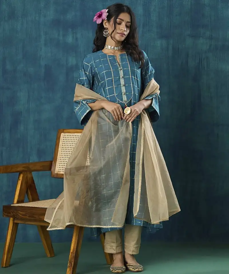 Turquoise checks plain cotton silk kurta set