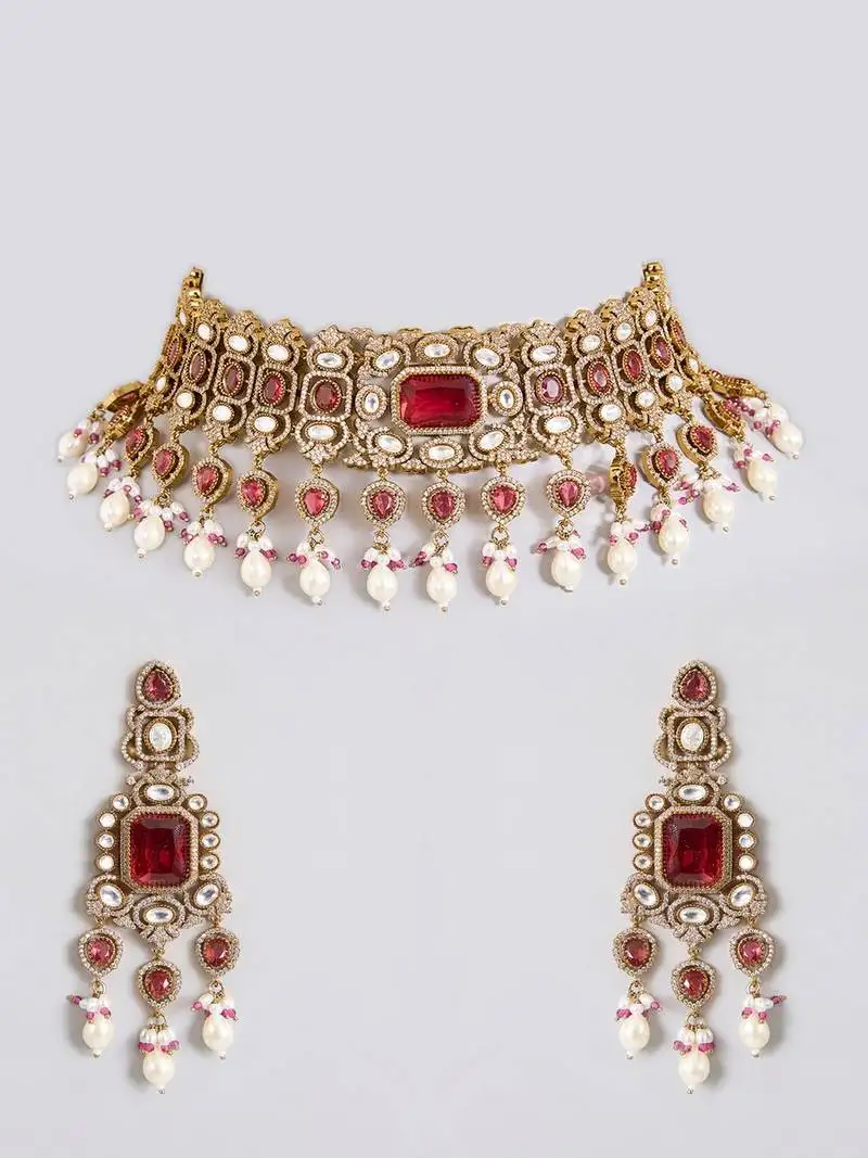 Gold plated red stone pearl choker set