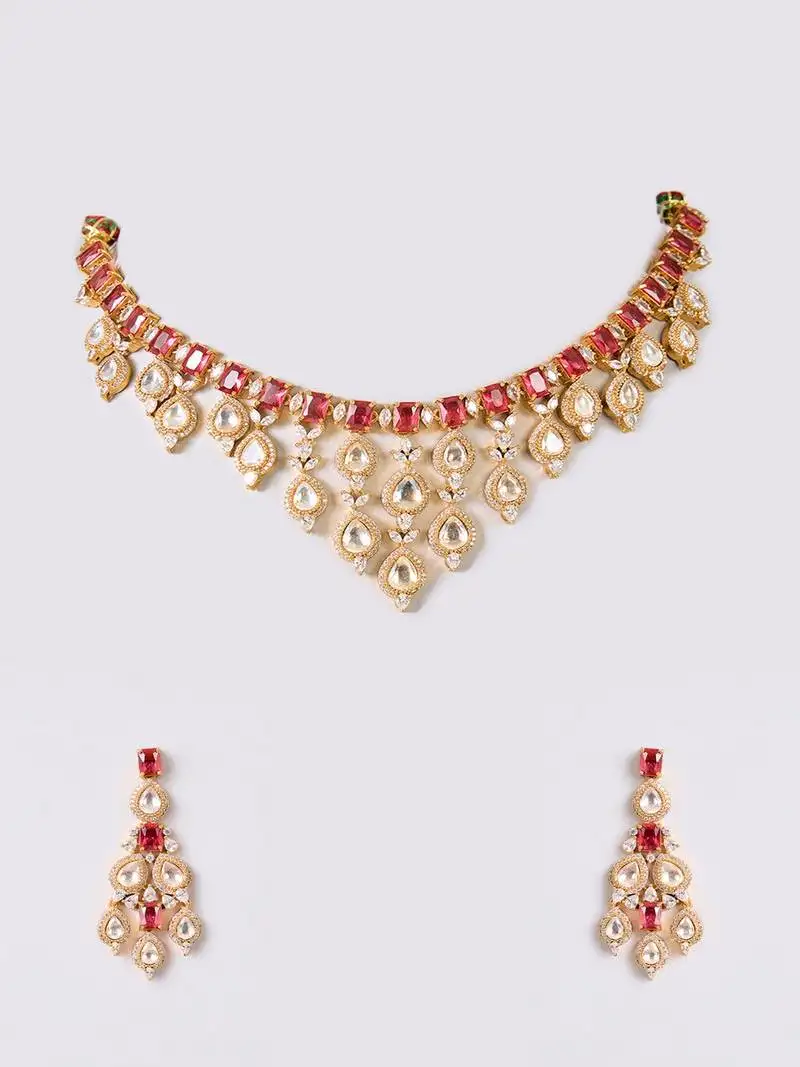 Gold plated red stone necklace set