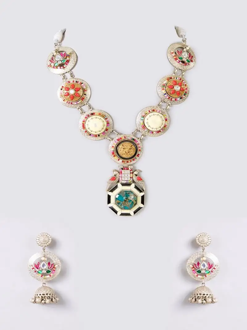 Silver plated multicolor stone necklace set