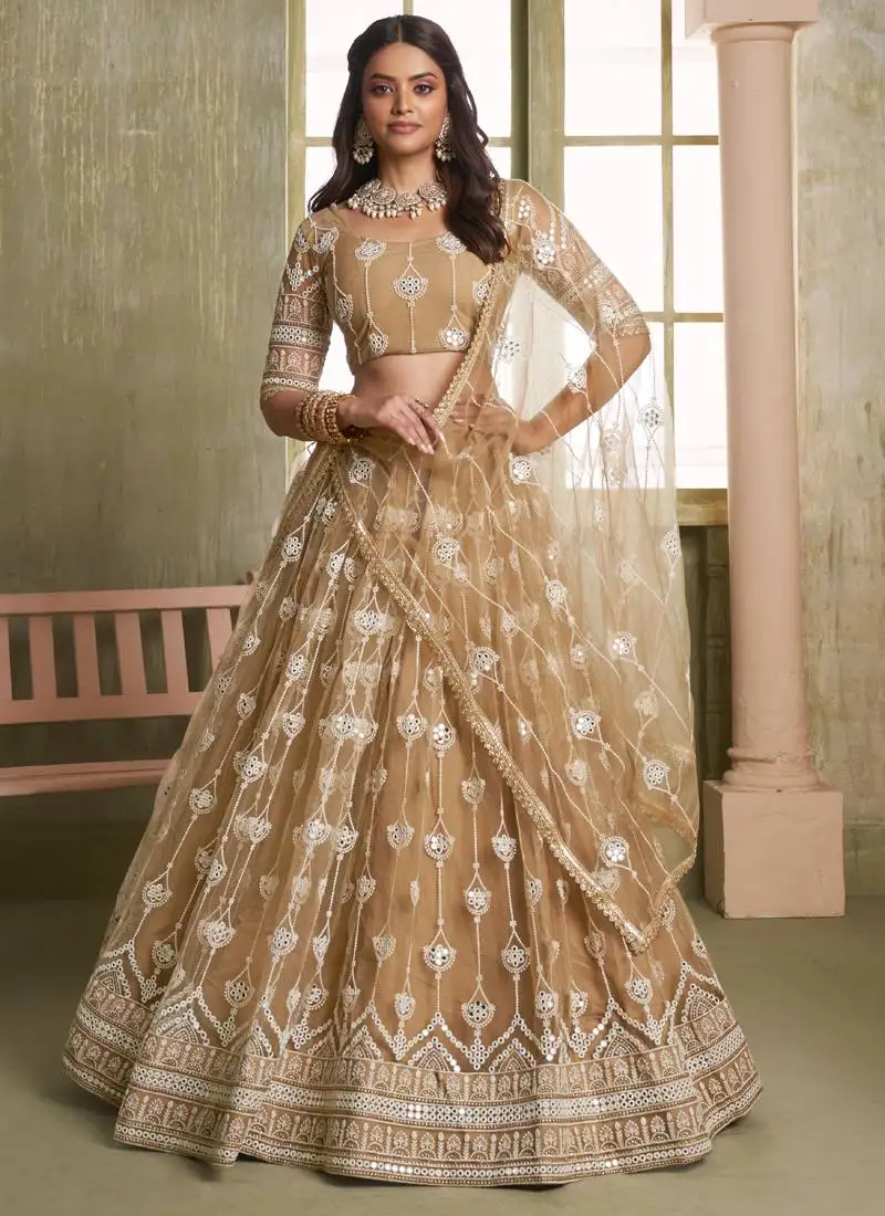 Beige butterfly net thread sequence lehenga choli