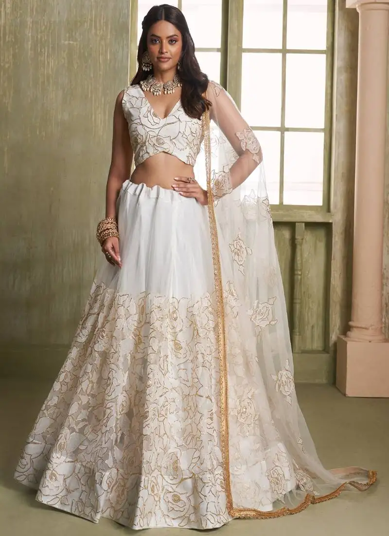Off white butterfly net thread sequence lehenga choli
