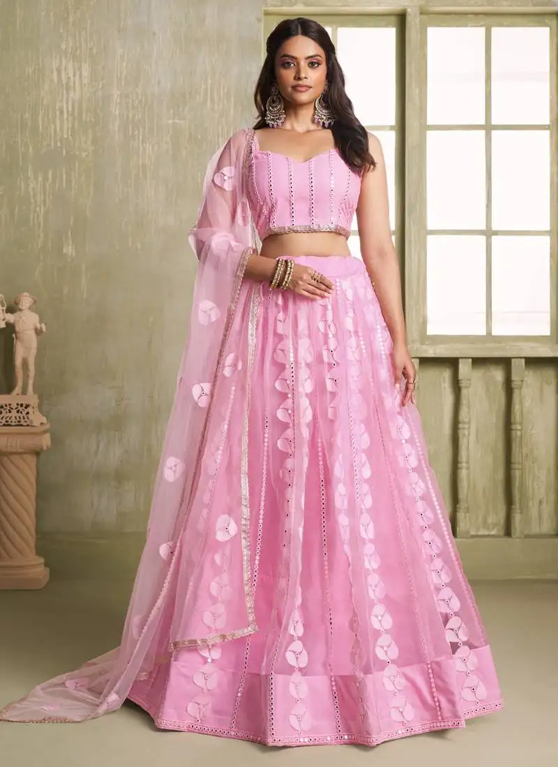 Baby pink butterfly net thread sequence lehenga choli