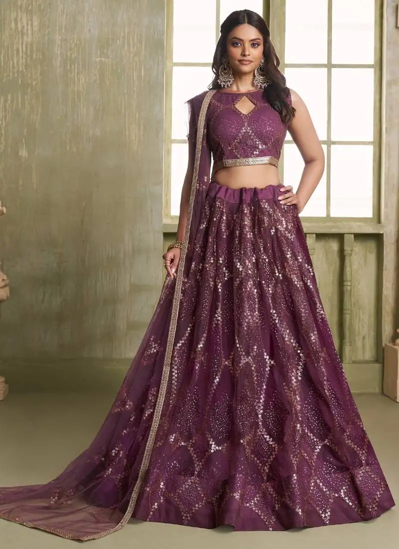Wine butterfly net thread sequence lehenga choli