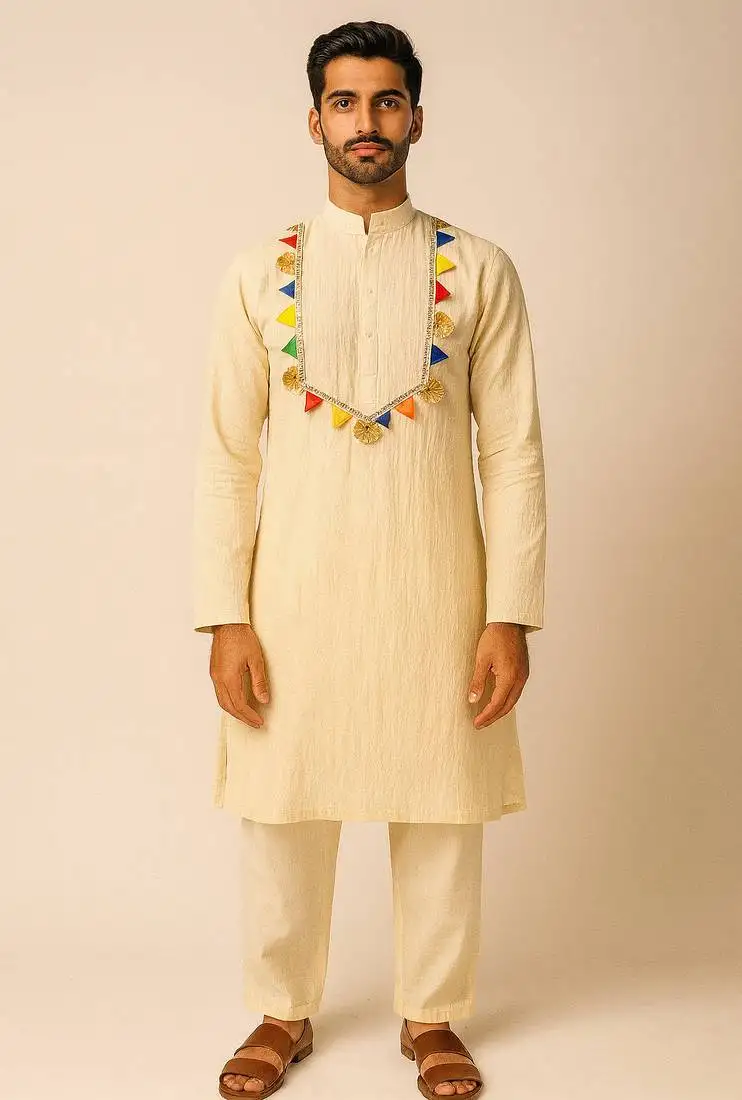 Navratri cream jute cotton set for mens