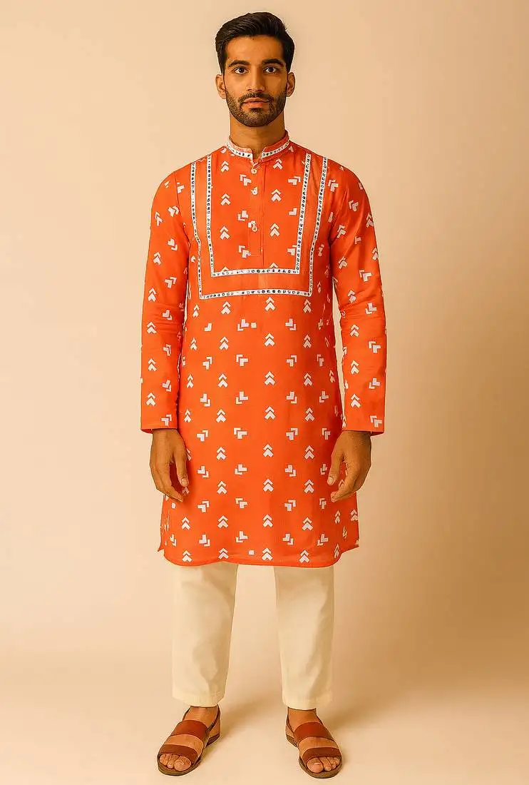 Navratri orange crepe kurta set for mens