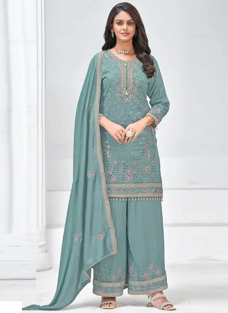 Grey vichitra silk embroidered palazzo suit stitched