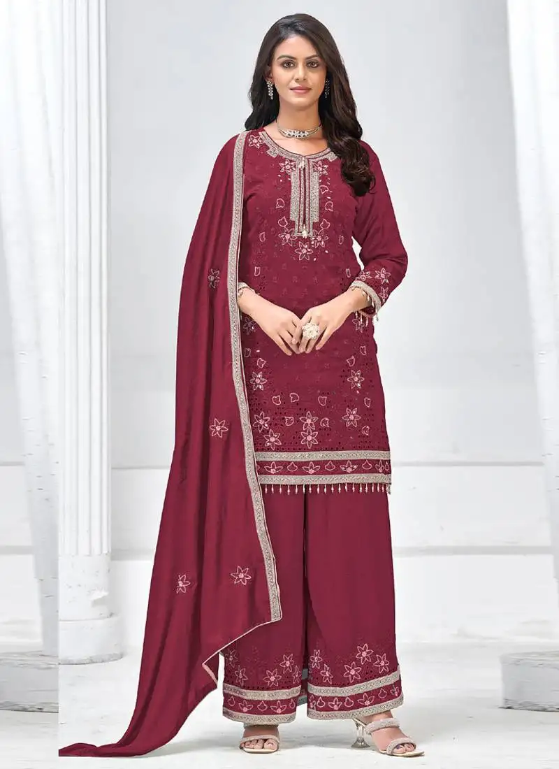 Maroon vichitra silk embroidered palazzo suit stitched