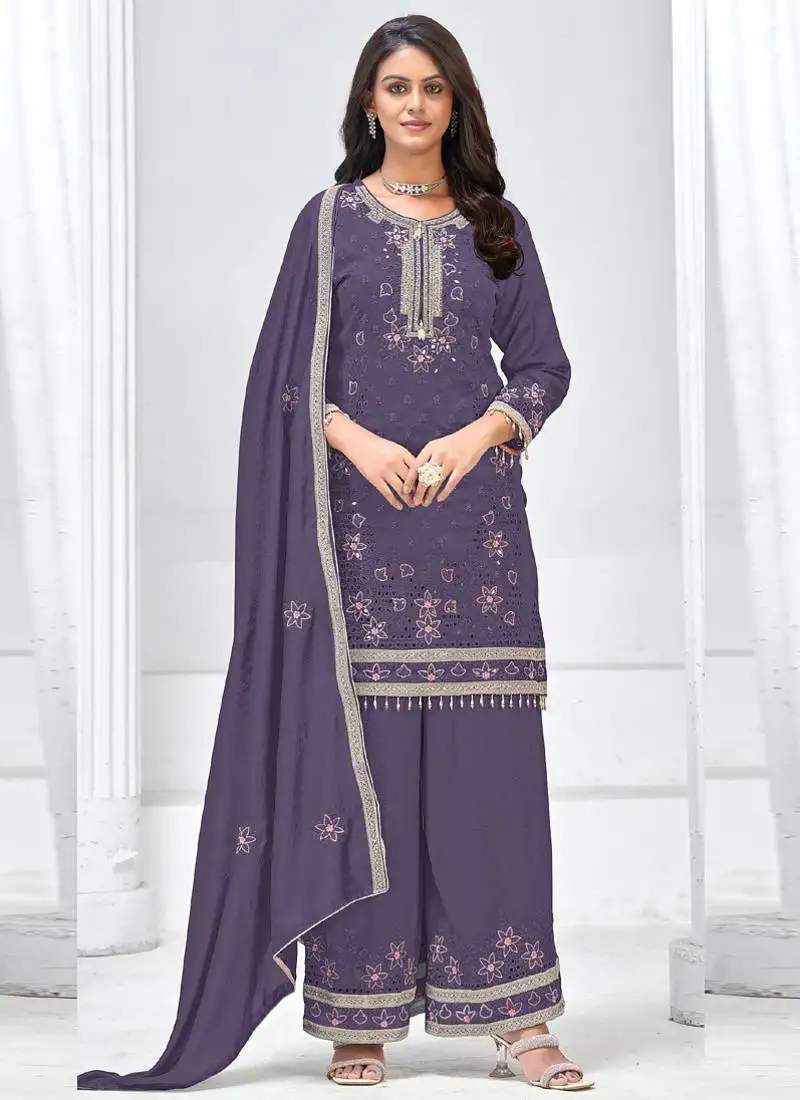 Violet vichitra silk embroidered palazzo suit stitched
