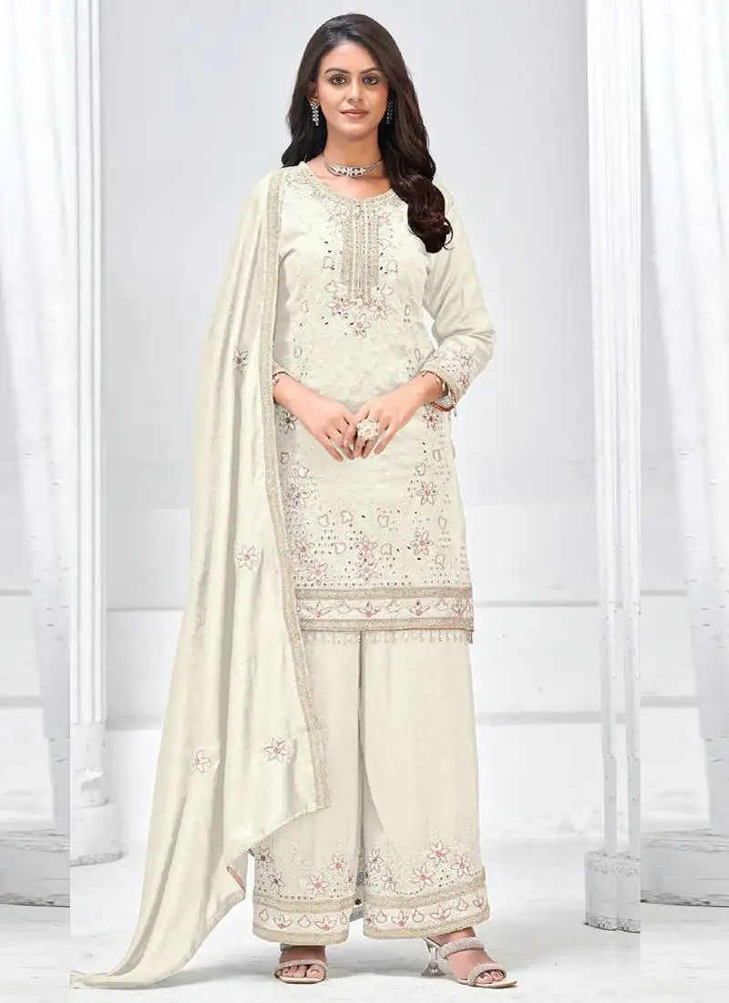 Off white vichitra silk embroidered palazzo suit stitched