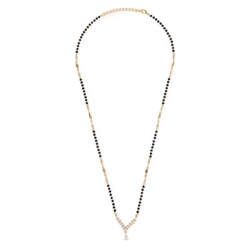 Traditional stylish oval shape gold plated black beaded adjustable chain mangalsutra for women