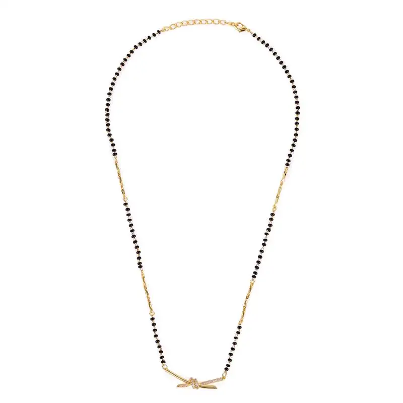 Traditional delicate cz studded gold plated black beaded adjustable chain mangalsutra for women