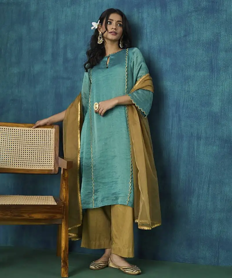 Teal zari stripe with scallop embroidery kurta set