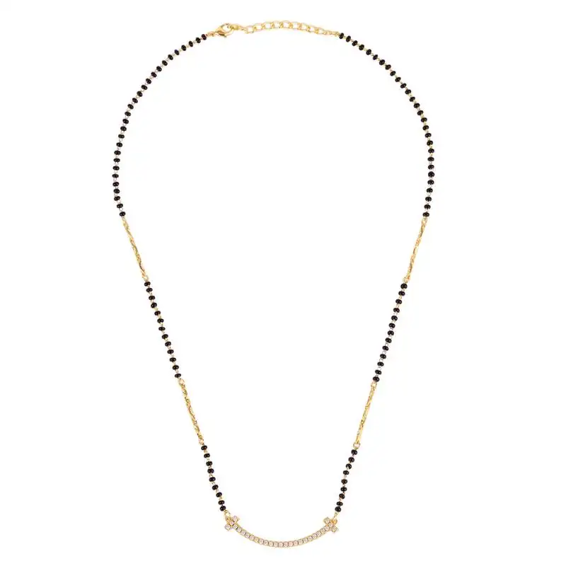 Traditional trendy stylish cz studded gold plated black beaded adjustable chain mangalsutra for women