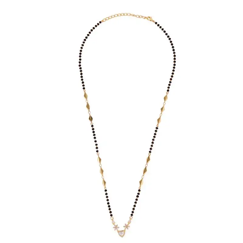 Traditional modern flower and heart shape gold plated black beaded adjustable chain mangalsutra for women