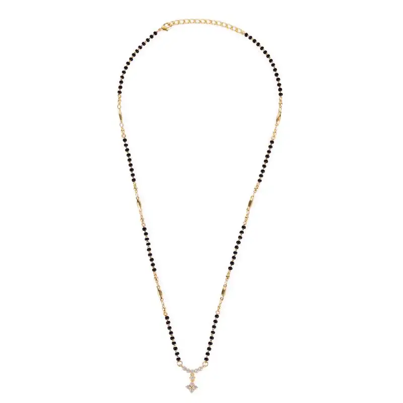 Traditional lovely cz studded flower design gold plated black beaded adjustable chain mangalsutra for women