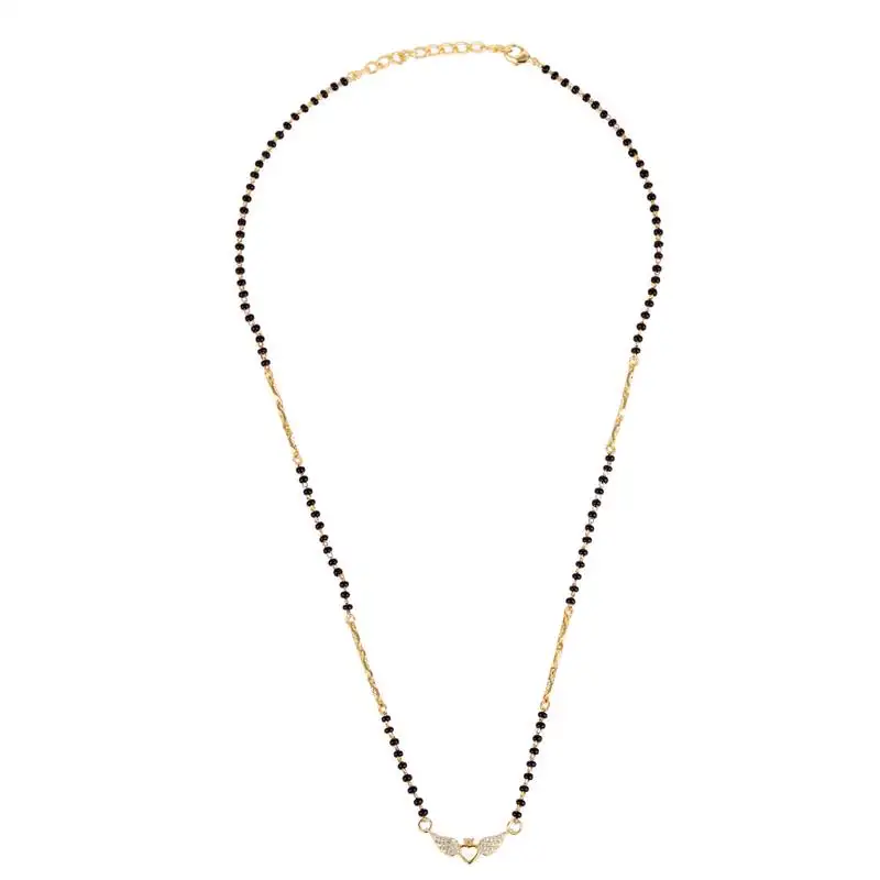 Traditional eye-catchy leaf and heart shape gold plated black beaded adjustable chain mangalsutra for women