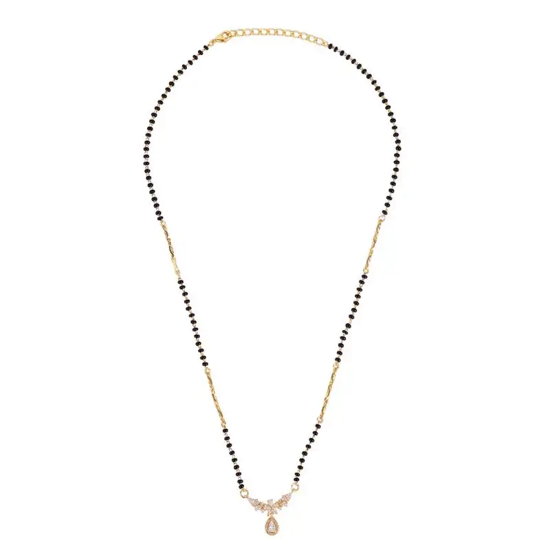 Traditional graceful oval and flower design gold plated black beaded adjustable chain mangalsutra for women