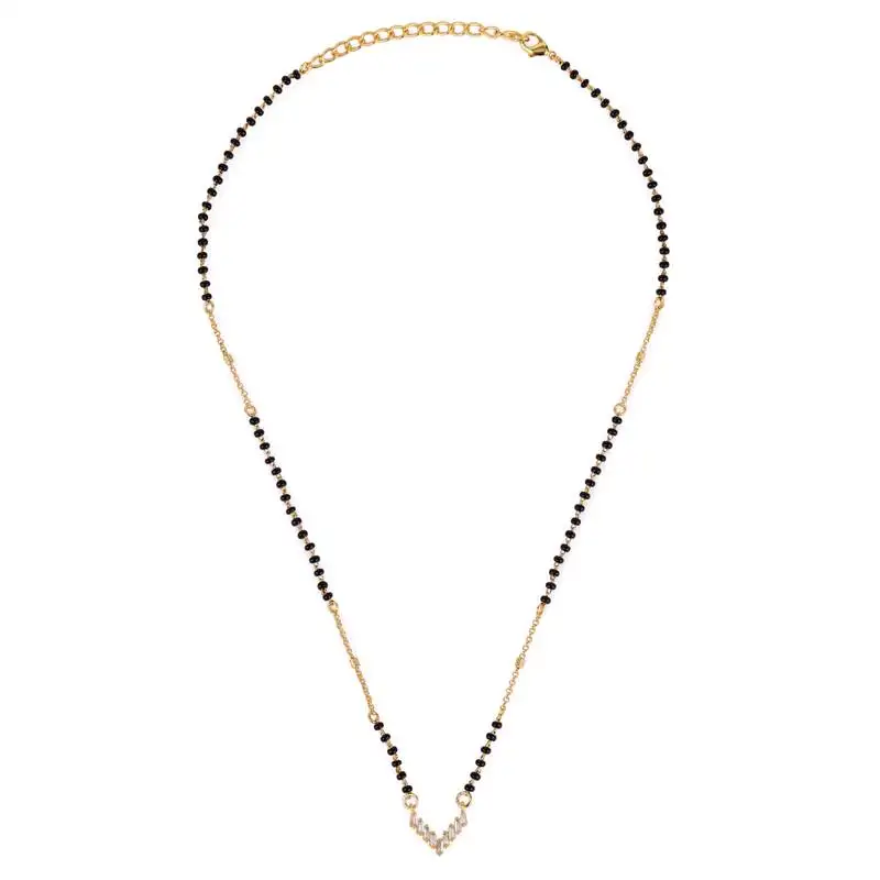 Traditional splendid "v" shape gold plated black beaded adjustable chain mangalsutra for women