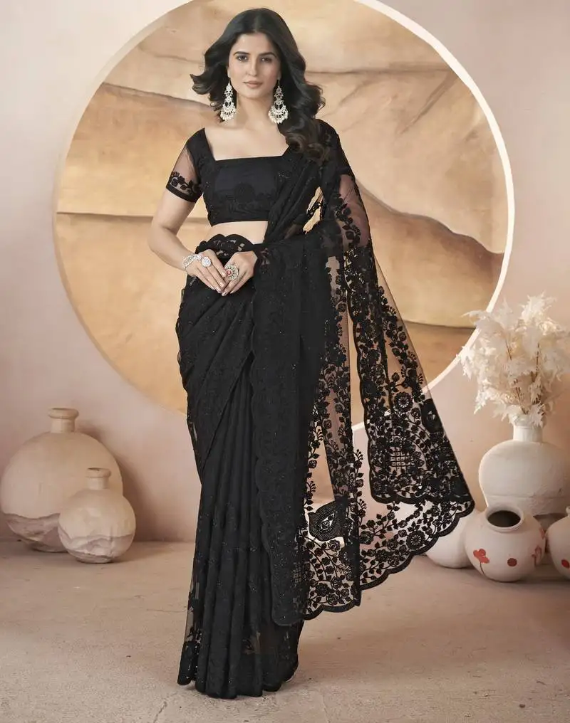 Black butterfly net thread embroidery with stone work saree