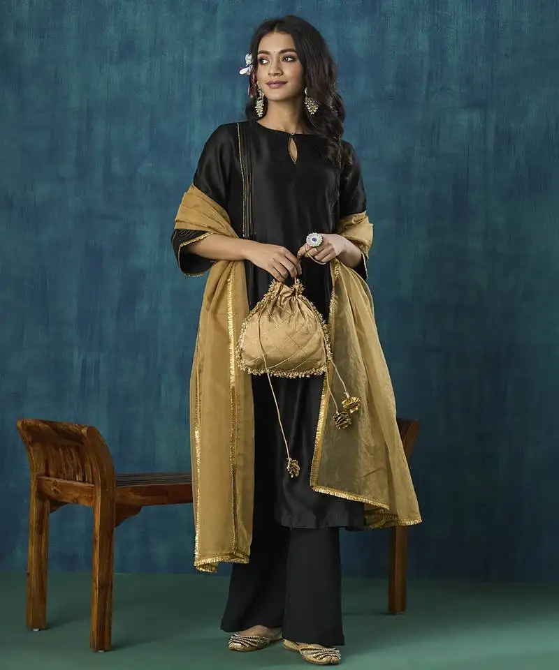 Black plain chanderi kurta with pant and dupatta