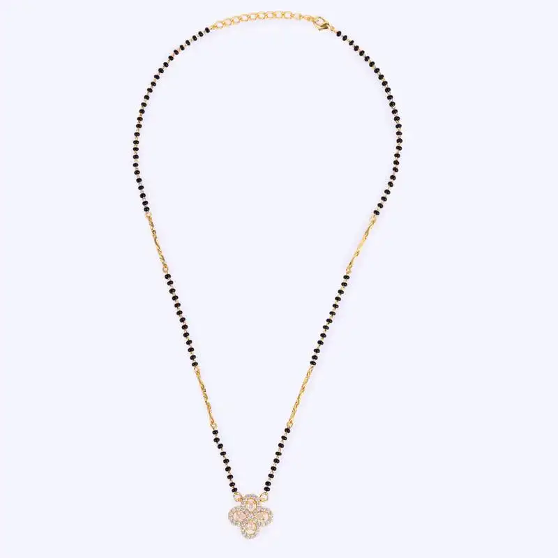 Traditional youthful flower design gold plated black beaded adjustable chain mangalsutra for women