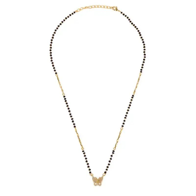 Traditional modish butterfly design gold plated black beaded adjustable chain mangalsutra for women