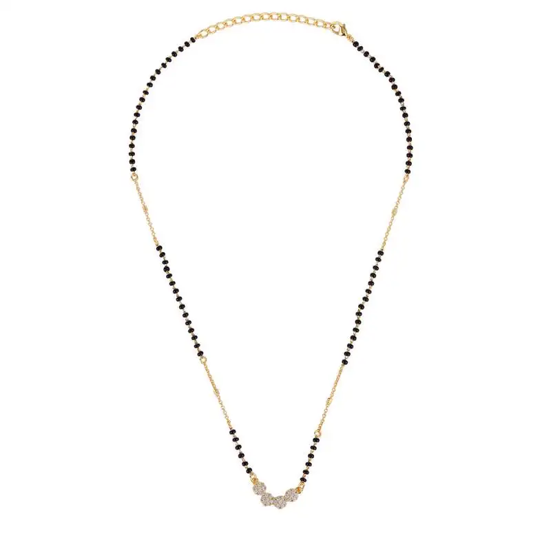 Traditional stylish cz studded round shape gold plated black beaded adjustable chain mangalsutra for women