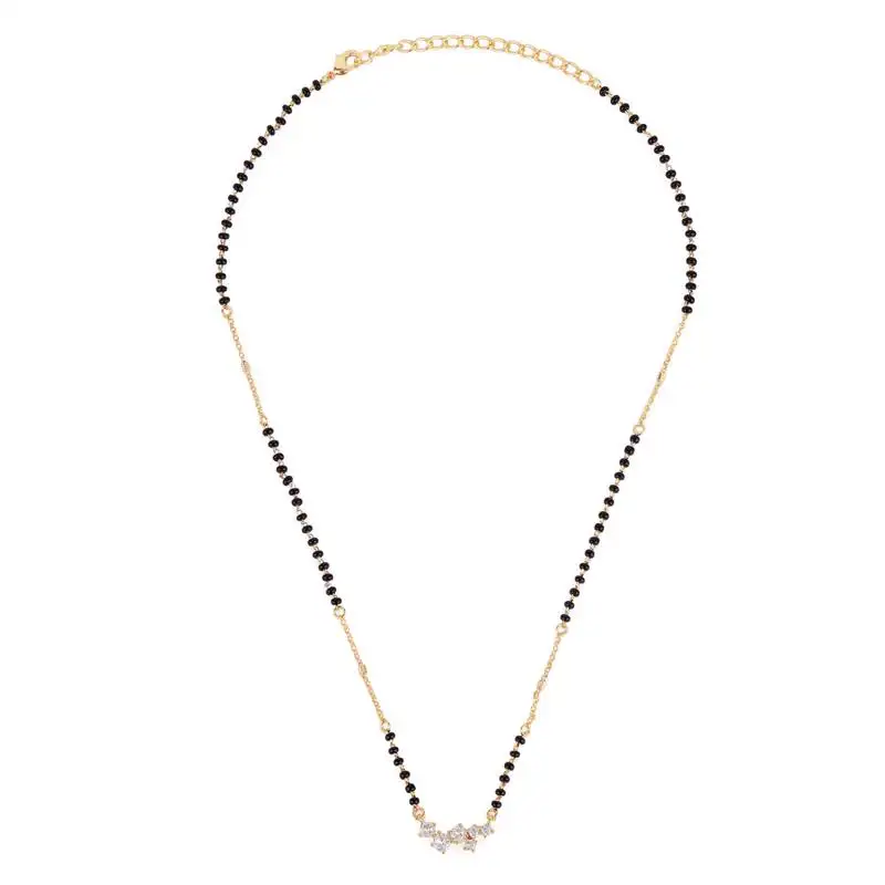 Traditional attractive round shape cz studded gold plated black beaded adjustable chain mangalsutra for women