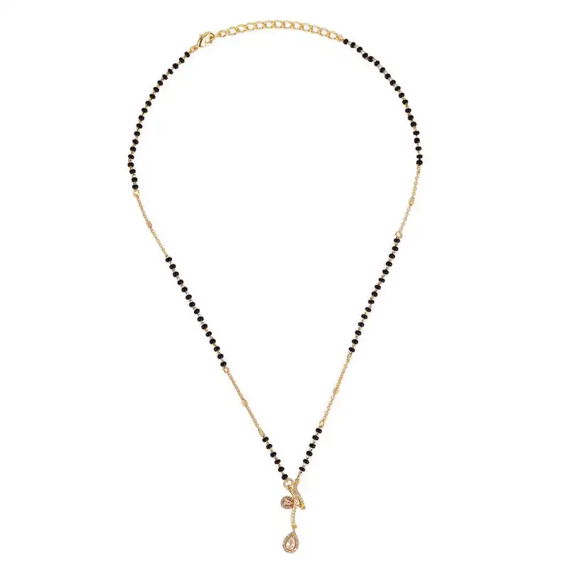 Traditional creative oval shape cz studded gold plated black beaded adjustable chain mangalsutra for women