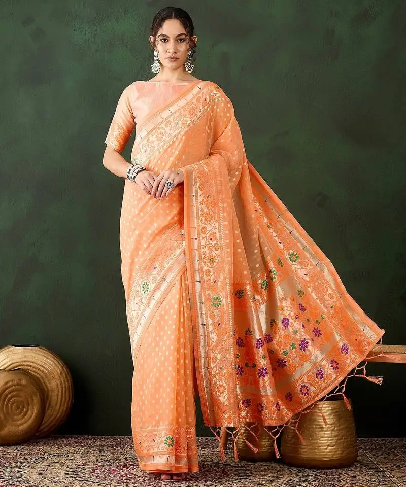 Orange woven designer poly cotton saree with blouse piece