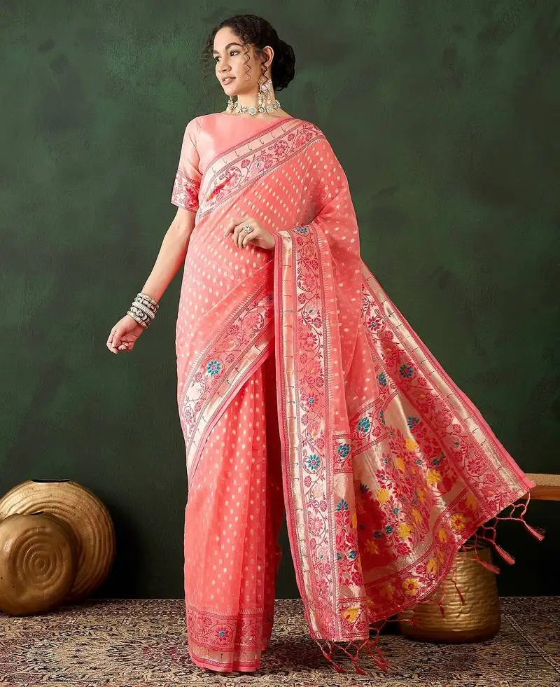 Peach woven designer poly cotton saree with blouse piece