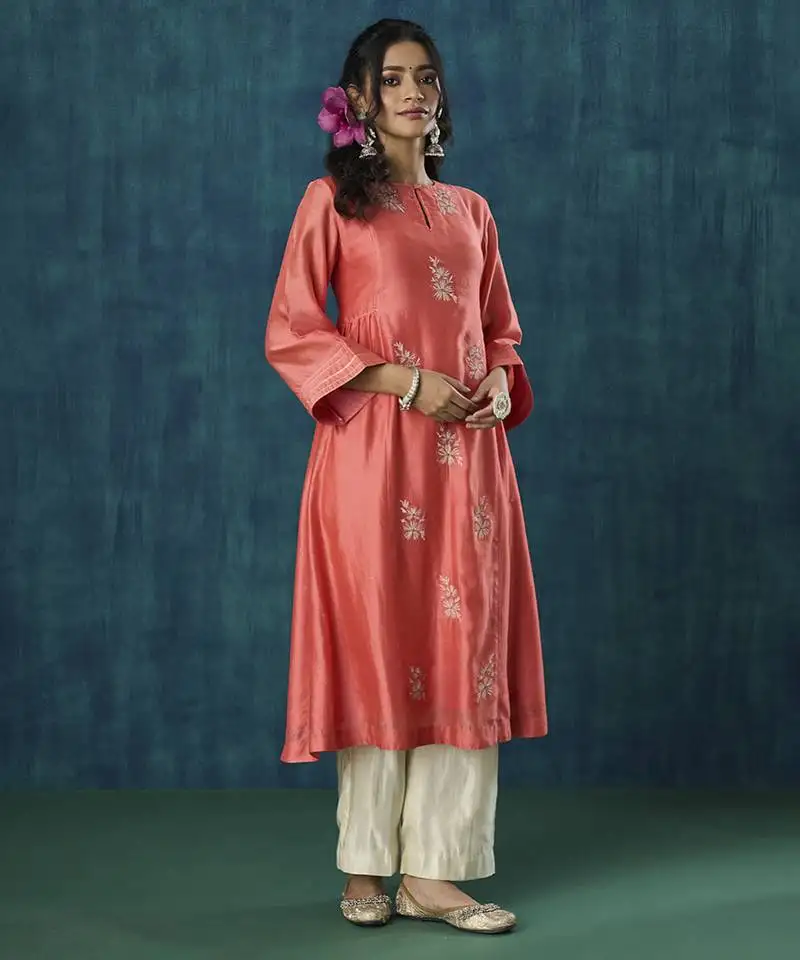 Peach floral embroidery chanderi kurti