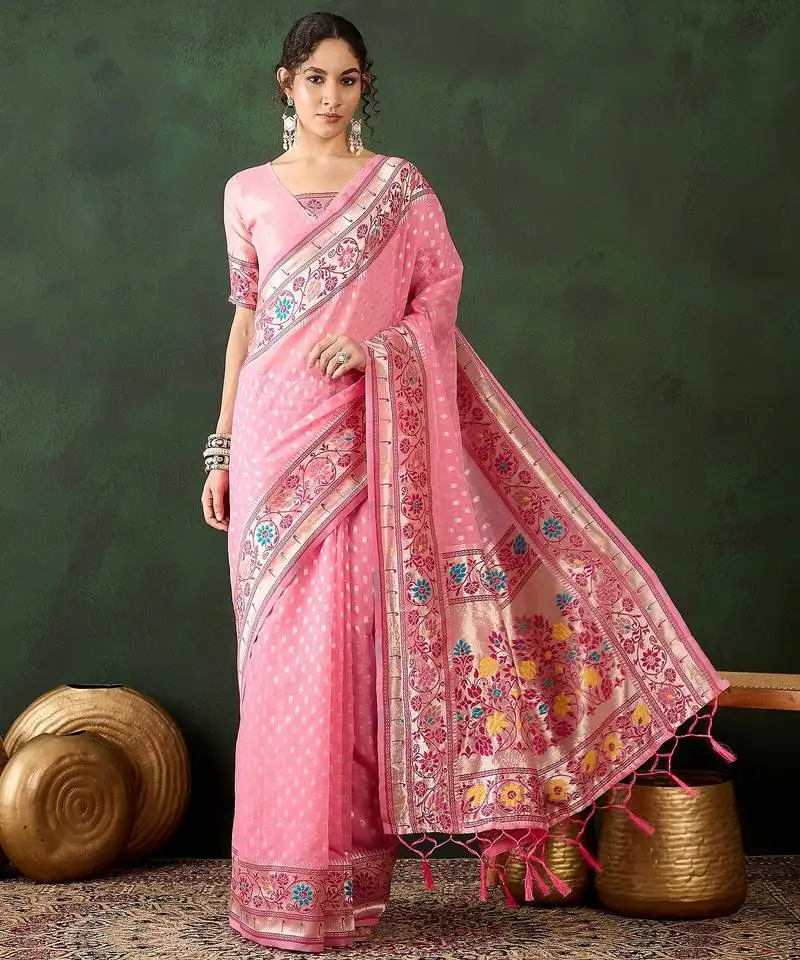 Pink woven designer poly cotton saree with blouse piece