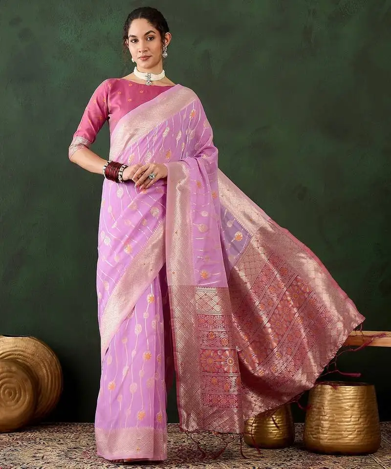 Purple woven designer poly cotton saree with blouse piece