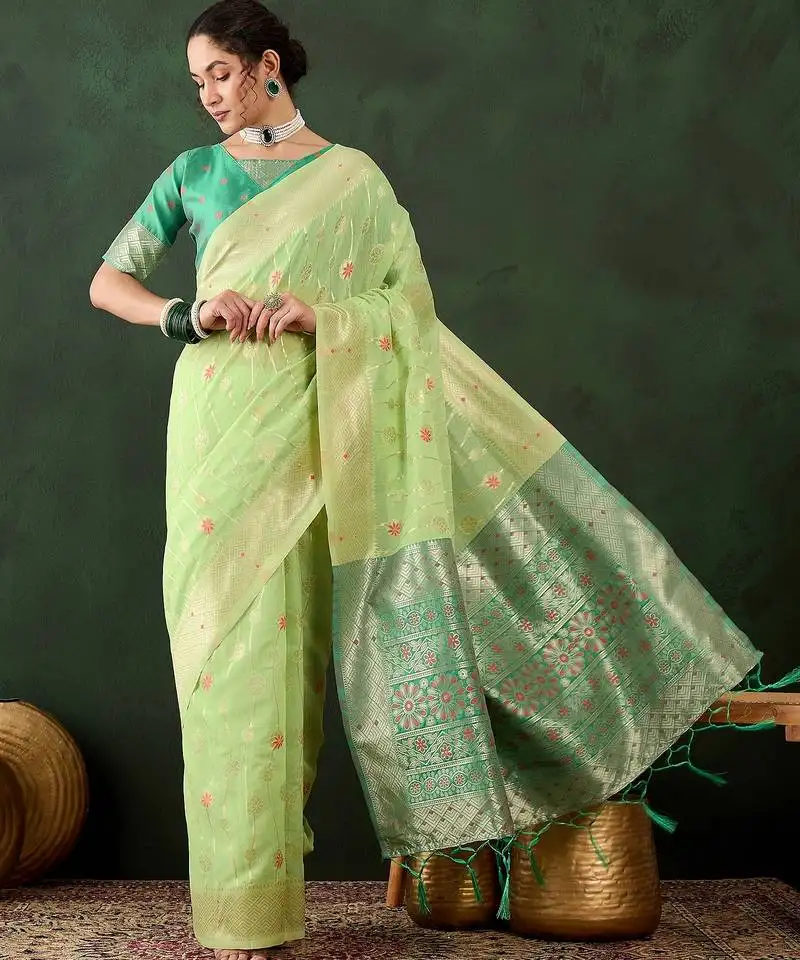 Pista woven designer poly cotton saree with blouse piece