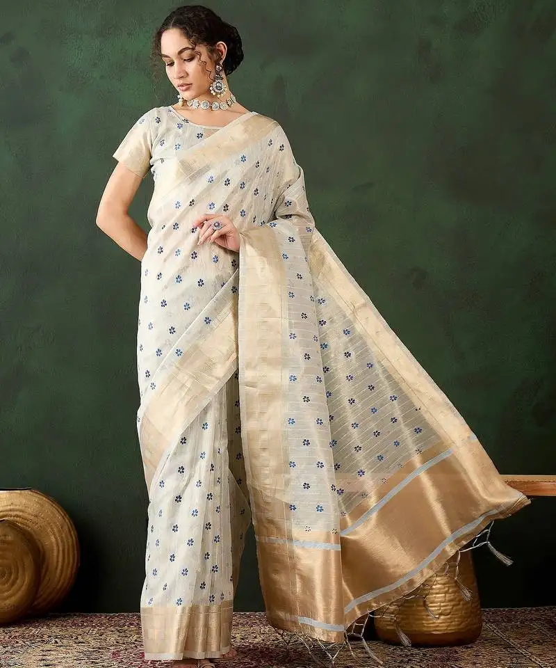 Sky blue woven designer brush printed khadi organza saree with blouse piece