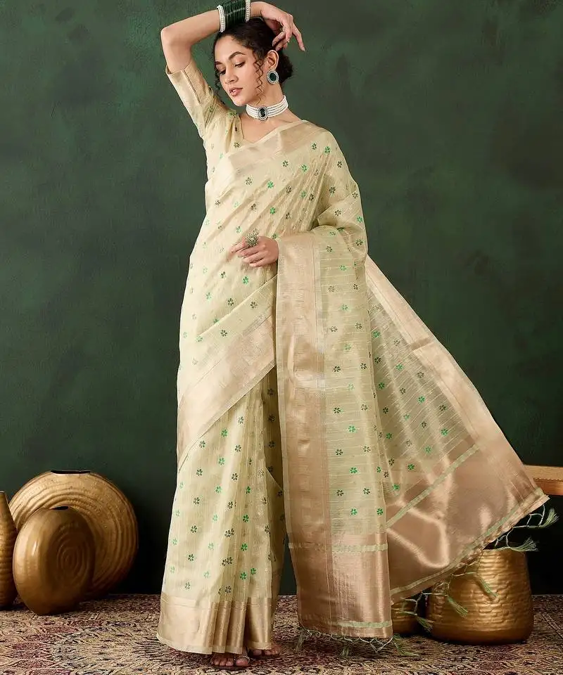 Pista woven designer brush printed khadi organza saree with blouse piece
